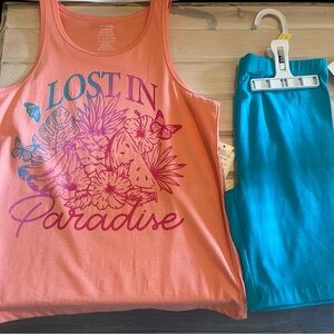 NWT George Teal Pants & matching coral graphic tank.